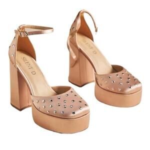 ANTHROPOLOGIE Silent D Grace Mary Jane Studded Platform Heels Rose Satin-Size 39